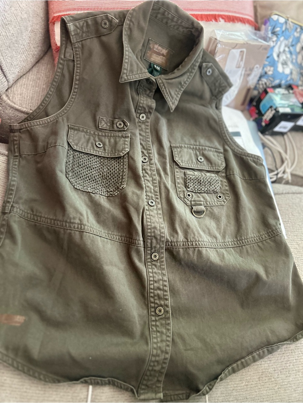 Vintage Lauren Ralph Lauren Olive Green Sleeveless Button-Front Utility Shirt